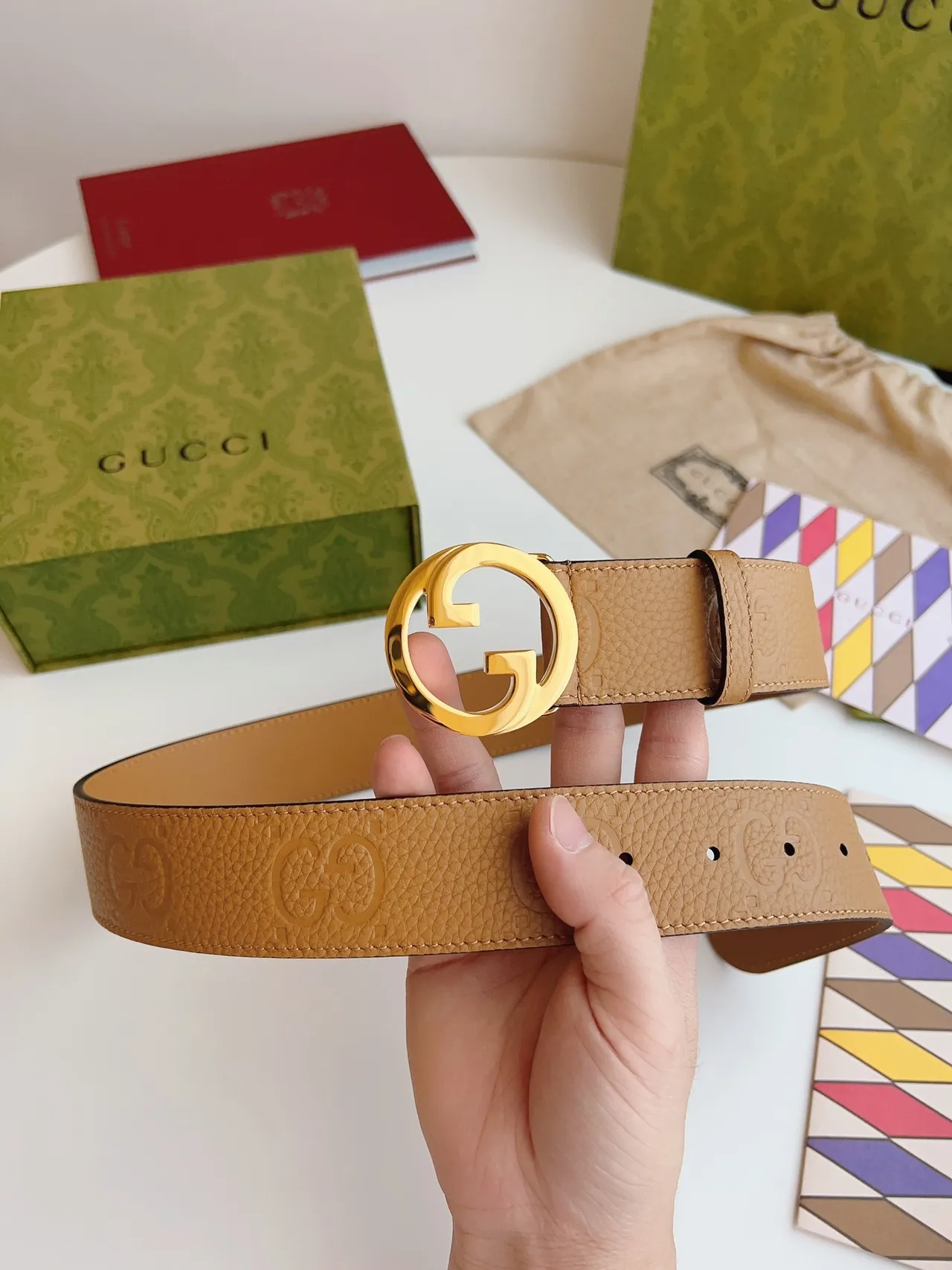 Gucci GG Marmont Beige Gold Interlocking G Buckle Pebbled Leather Belt 7
