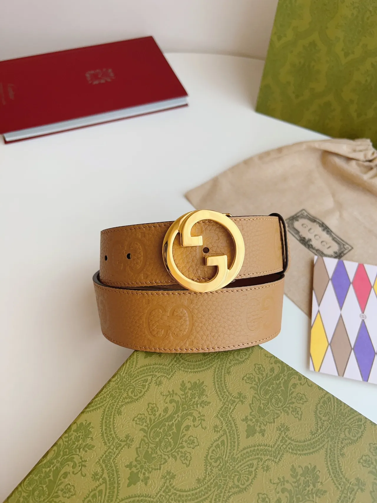 Gucci GG Marmont Beige Gold Interlocking G Buckle Pebbled Leather Belt 9