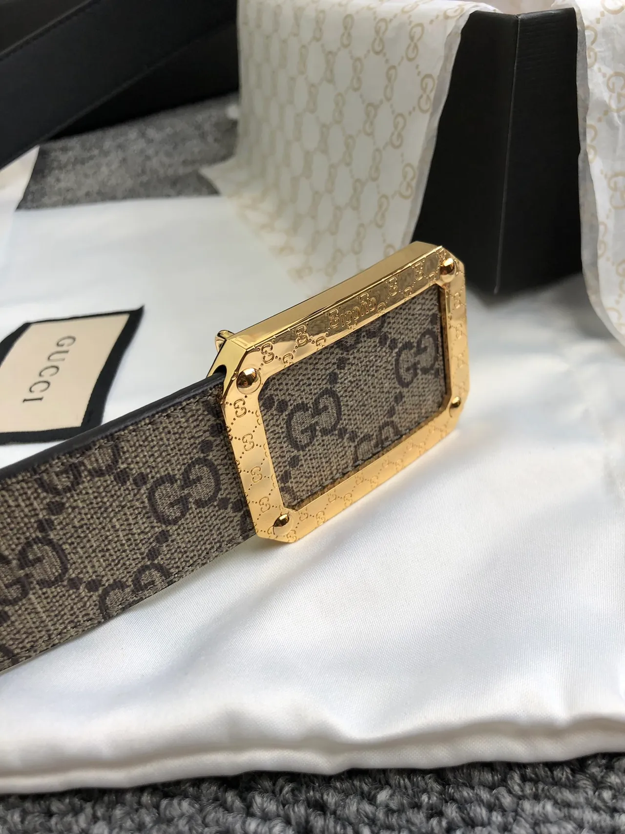 Gucci GG Marmont Beige Gold Monogram Canvas Rectangular Buckle Leather Belt 7