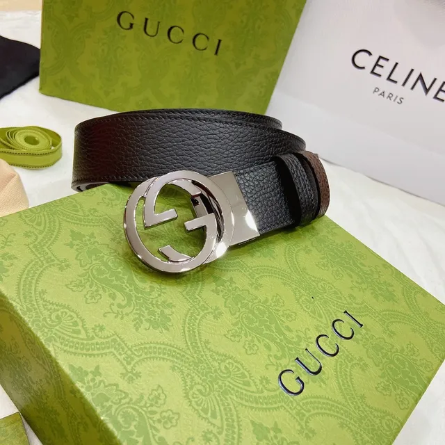 Gucci GG Marmont 黑色棕色压纹互锁G扣皮带 2