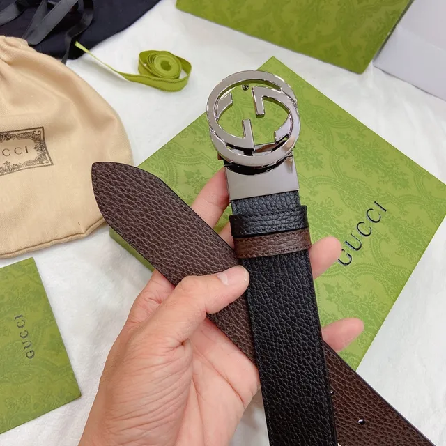 Gucci GG Marmont 黑色棕色压纹互锁G扣皮带 3