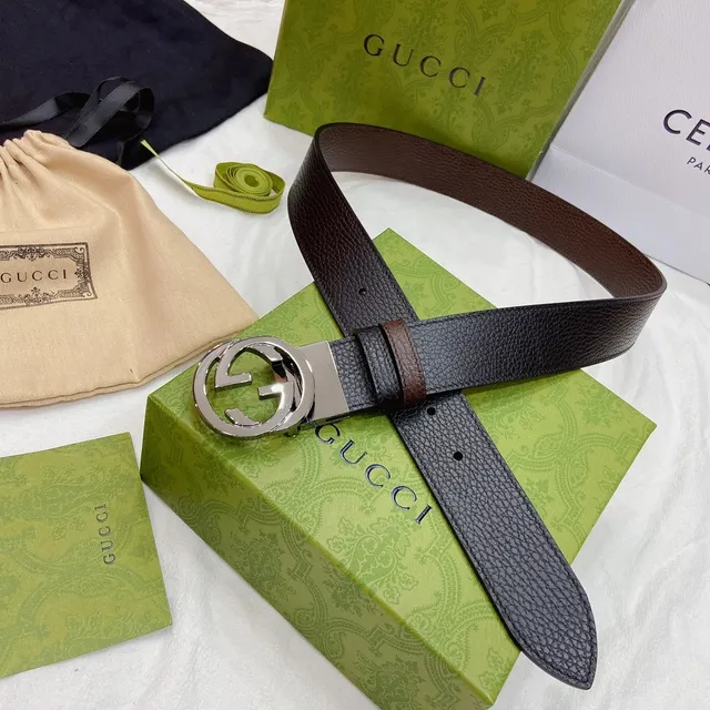 Gucci GG Marmont 黑色棕色压纹互锁G扣皮带 4