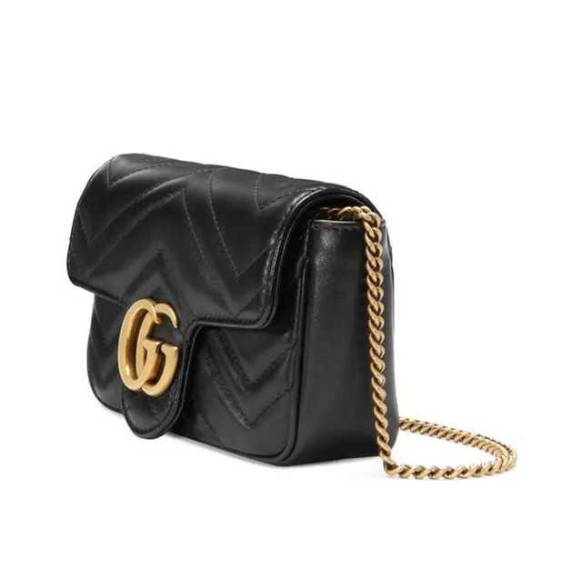 Gucci GG Marmont Black Gold Chevron-Quilted Leather Interlocking Hardware Handbag 6