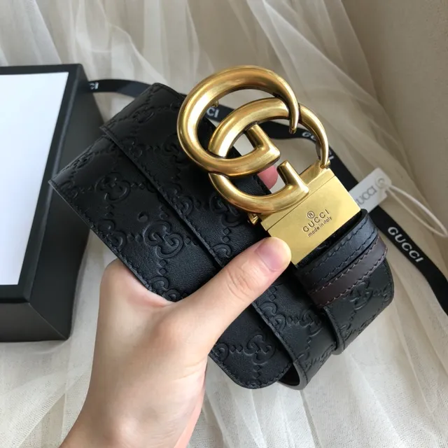 Gucci GG Marmont Negro Dorado Embossado Monograma Interlocking G Hebilla Cuero Cinturón 3