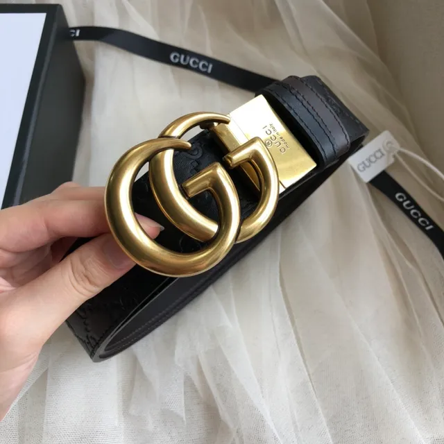 Gucci GG Marmont Negro Dorado Embossado Monograma Interlocking G Hebilla Cuero Cinturón 4
