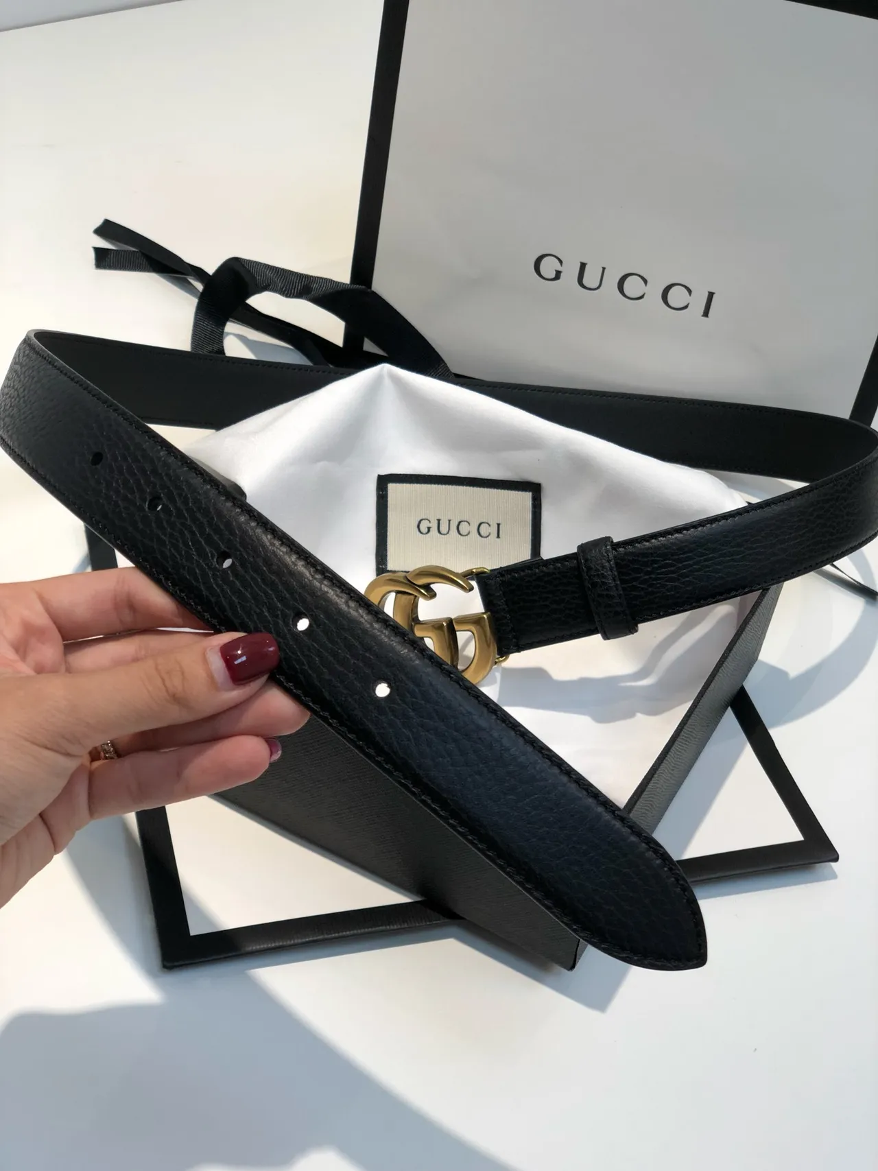 Gucci GG Marmont Black Gold Interlocking Double G Buckle Smooth Leather Belt 4