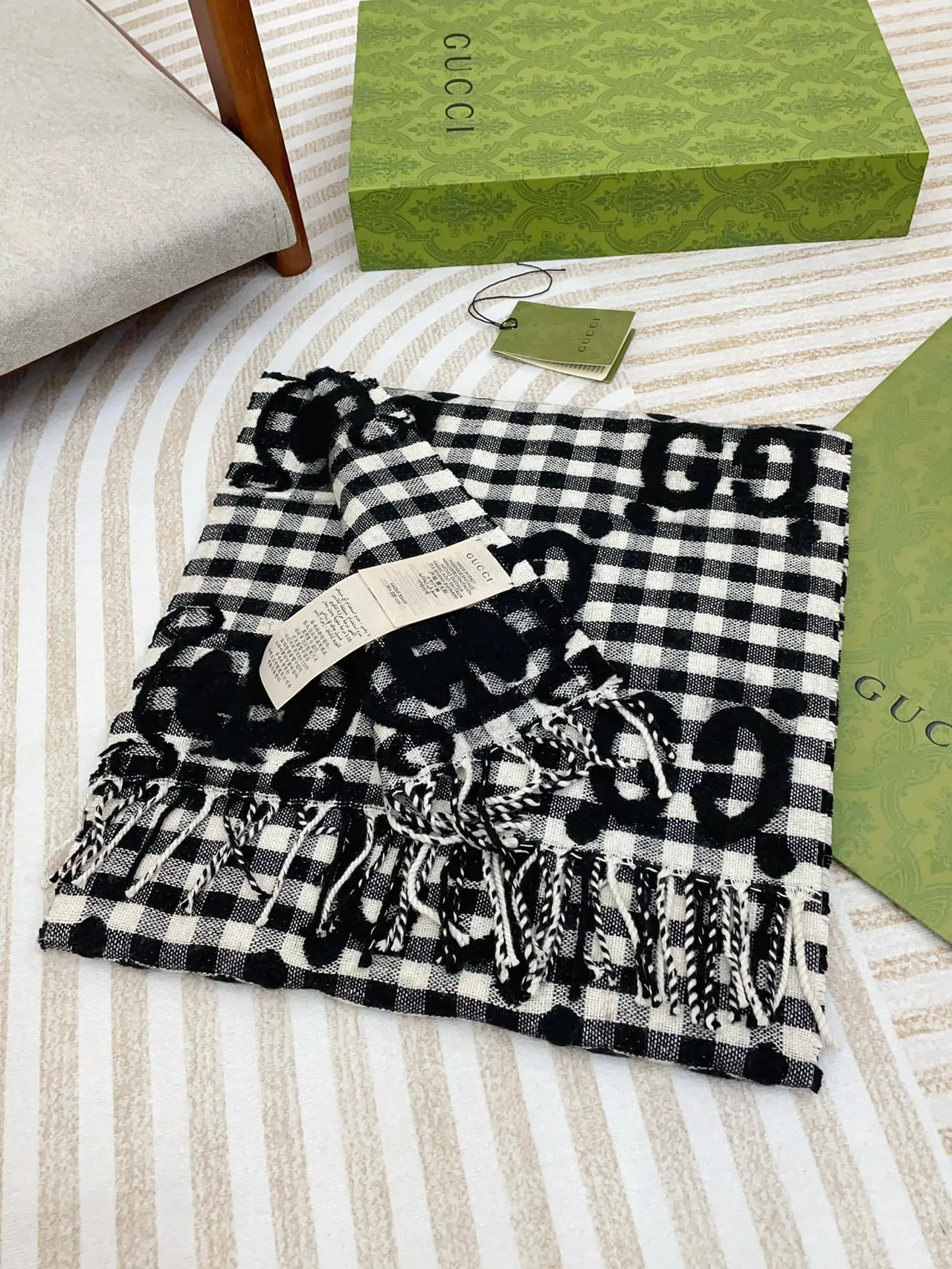 Gucci GG Marmont Black White Gingham Raised Interlocking G Monogram Scarve 6