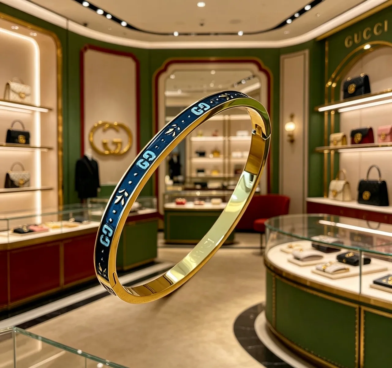 Gucci GG Marmont 蓝色珐琅和金色铰链手链 7