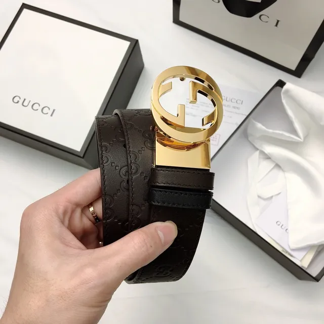 Gucci GG Marmont Cinturón Marrón Dorado Grabado Monograma Interlocking G Hebilla Cuero 3