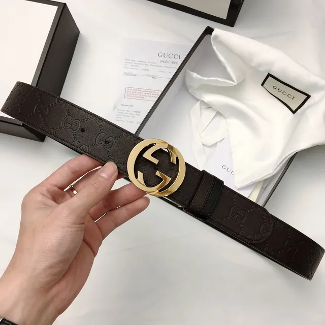 Gucci GG Marmont Cinturón Marrón Dorado Grabado Monograma Interlocking G Hebilla Cuero 5