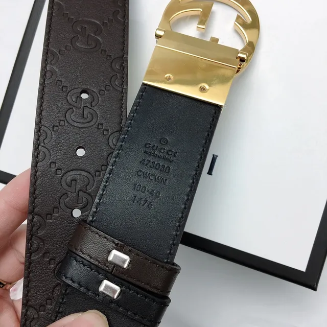Gucci GG Marmont Cinturón Marrón Dorado Grabado Monograma Interlocking G Hebilla Cuero 7
