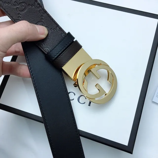 Gucci GG Marmont Cinturón Marrón Dorado Grabado Monograma Interlocking G Hebilla Cuero 8