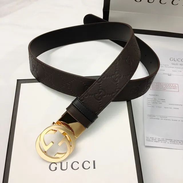 Gucci GG Marmont Cinturón Marrón Dorado Grabado Monograma Interlocking G Hebilla Cuero 9