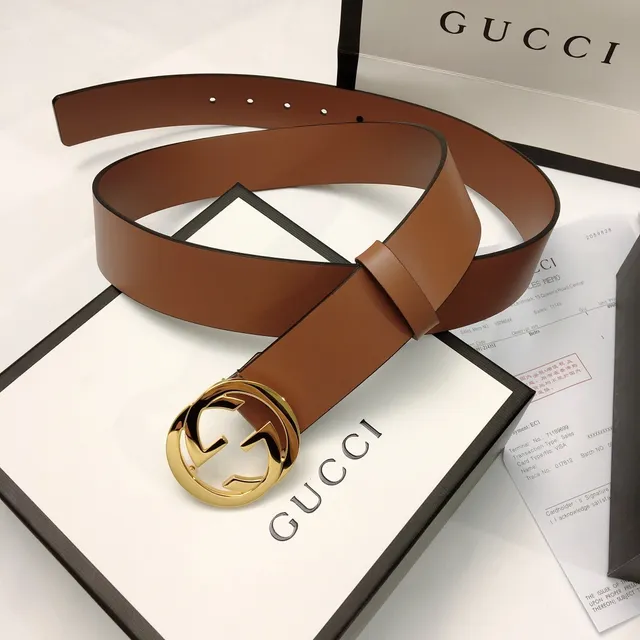 Gucci GG Marmont Brown Gold Interlocking G Buckle Smooth Strap Leather Belt 9