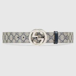 Gucci GG Marmont Interlocking G Buckle Cinto de couro bege e navy