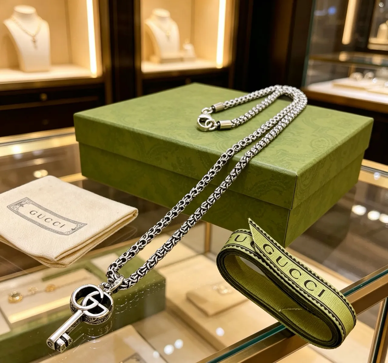 Gucci GG Marmont Key Pendant Silver Chain Necklace 2