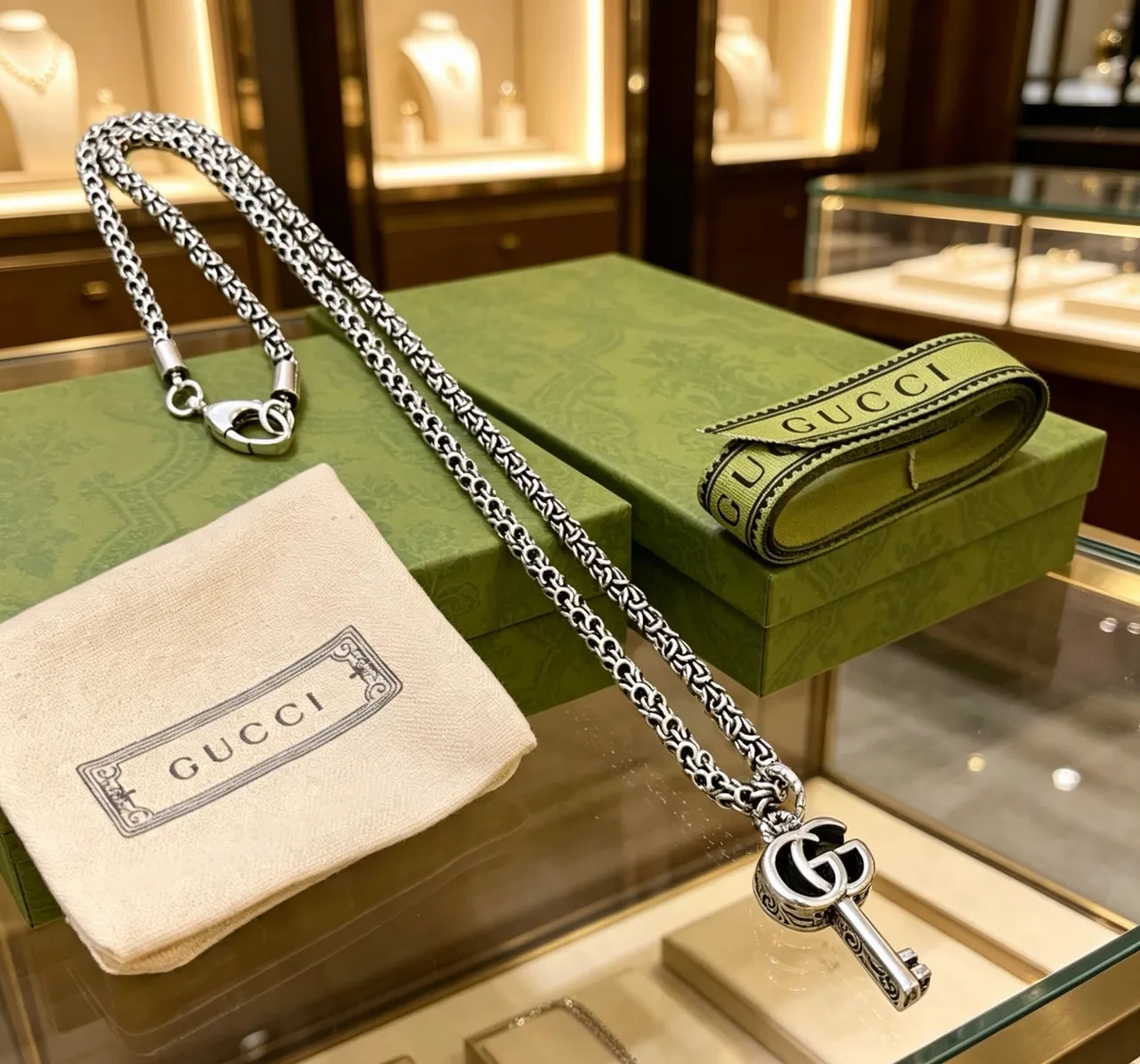 Gucci GG Marmont Key Pendant Silver Chain Necklace 4