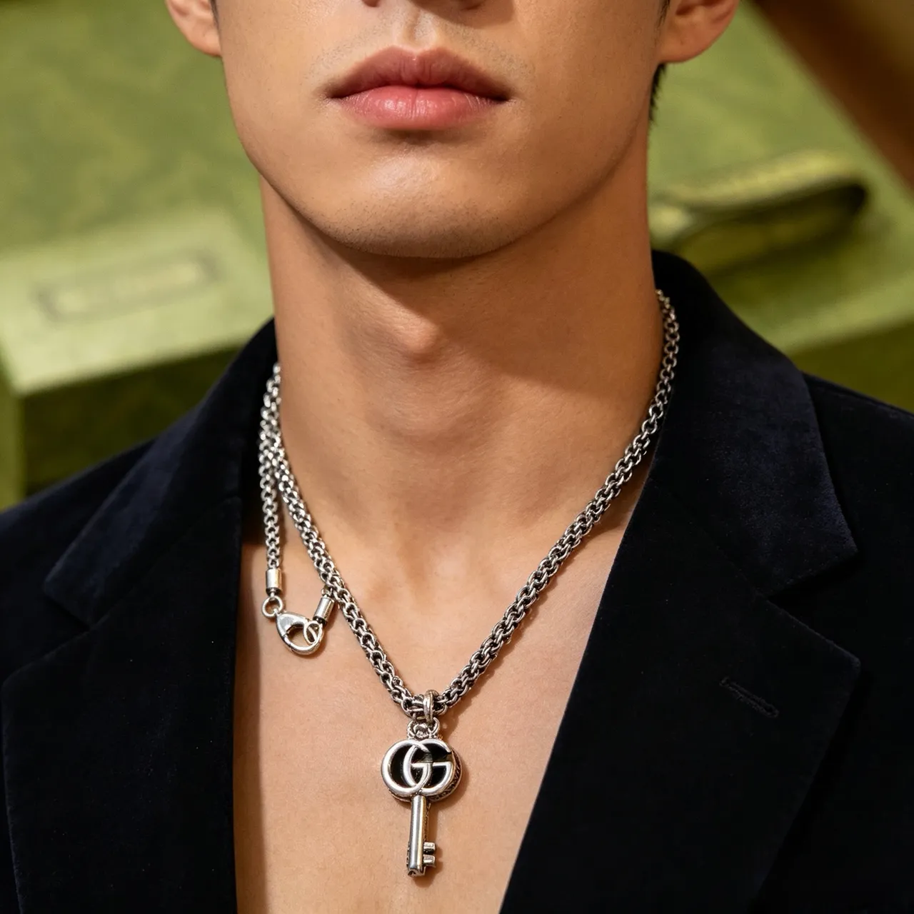 Gucci GG Marmont Key Pendant Silver Chain Necklace 8