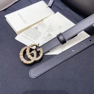 Gucci GG Marmont Pearl-Embellished Black Leather Belt