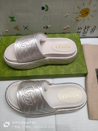 Gucci GG Marmont Quilted Silver Satin Slippers 7
