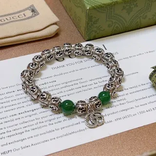 Gucci GG Marmont 银绿色 Interlocking G Logo 珠子 Jade-Like 手链