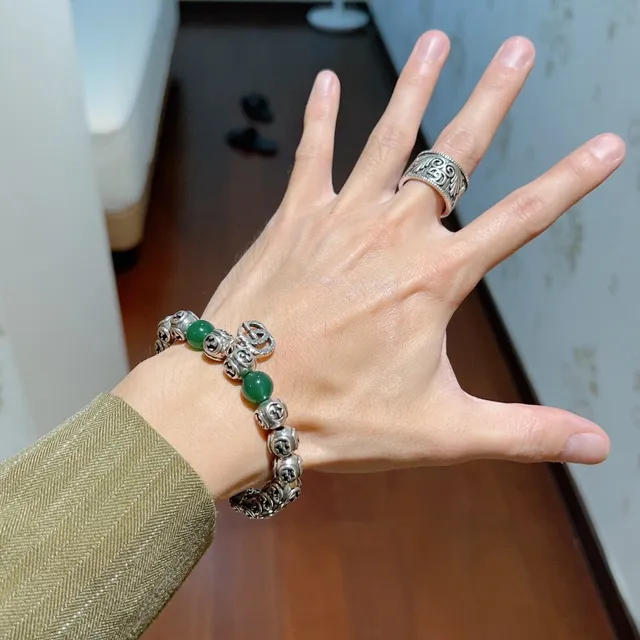 Gucci GG Marmont فضي أخضر Interlocking G Logo خرز Jade-Like سوار 2