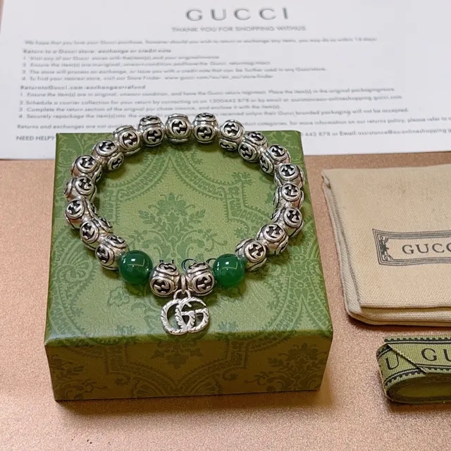 Gucci GG Marmont فضي أخضر Interlocking G Logo خرز Jade-Like سوار 3