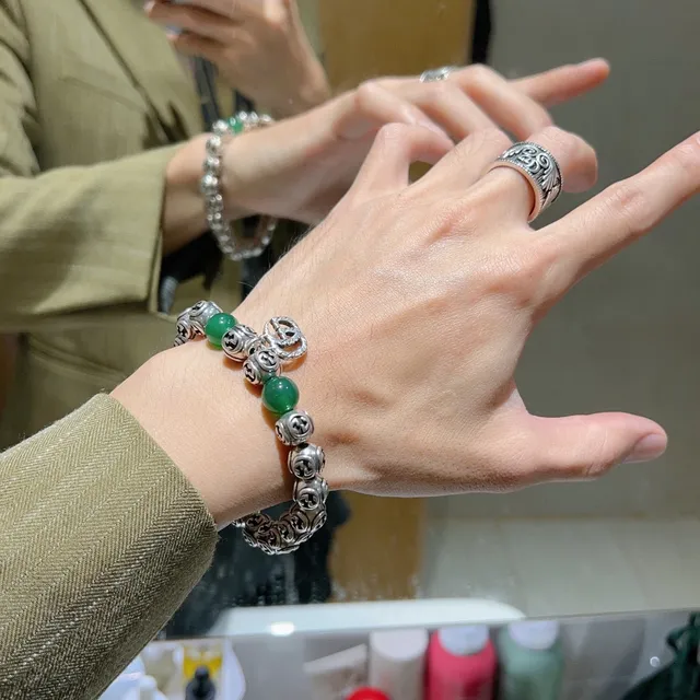 Gucci GG Marmont فضي أخضر Interlocking G Logo خرز Jade-Like سوار 5