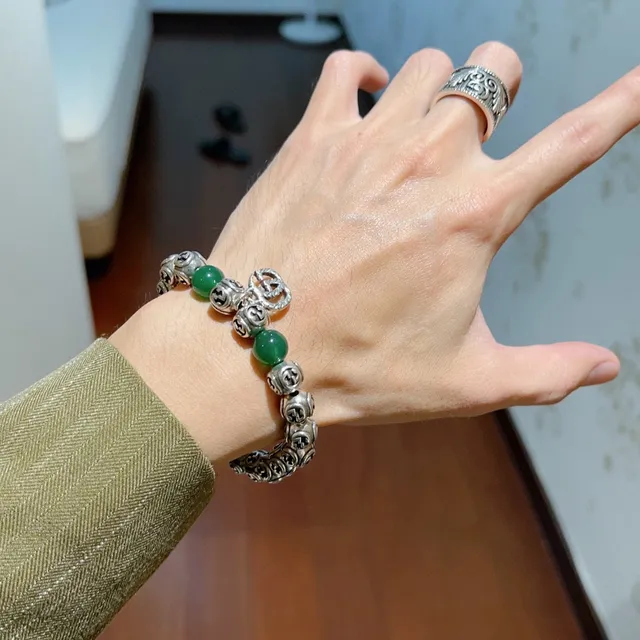 Gucci GG Marmont فضي أخضر Interlocking G Logo خرز Jade-Like سوار 8