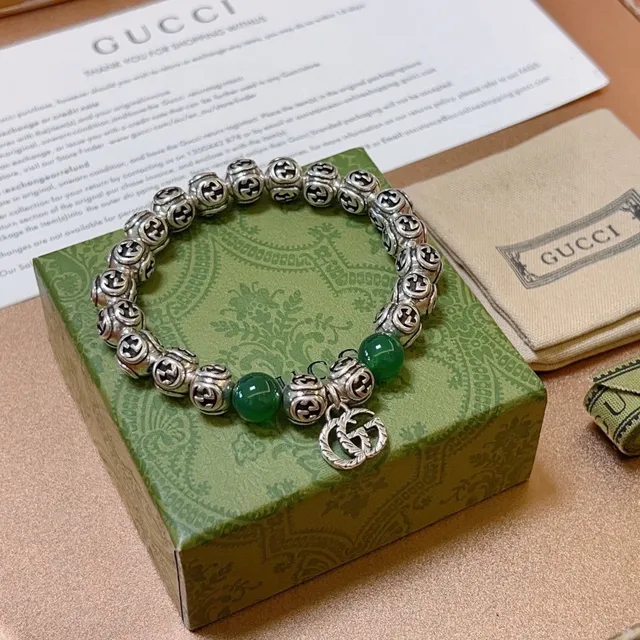 Gucci GG Marmont فضي أخضر Interlocking G Logo خرز Jade-Like سوار 9
