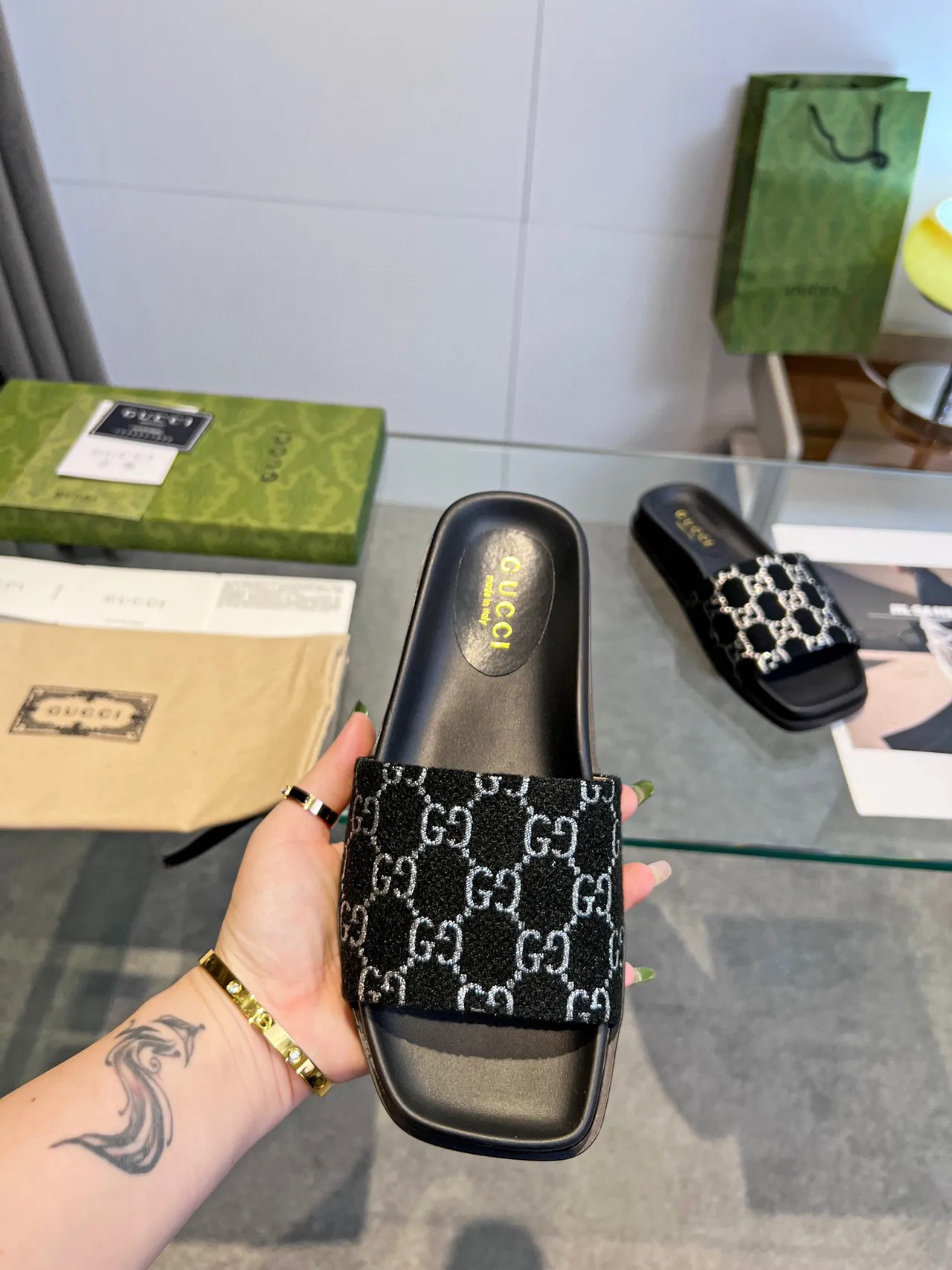 Gucci GG Monogram Slide Black White Flat Woven Strap Slippers 3