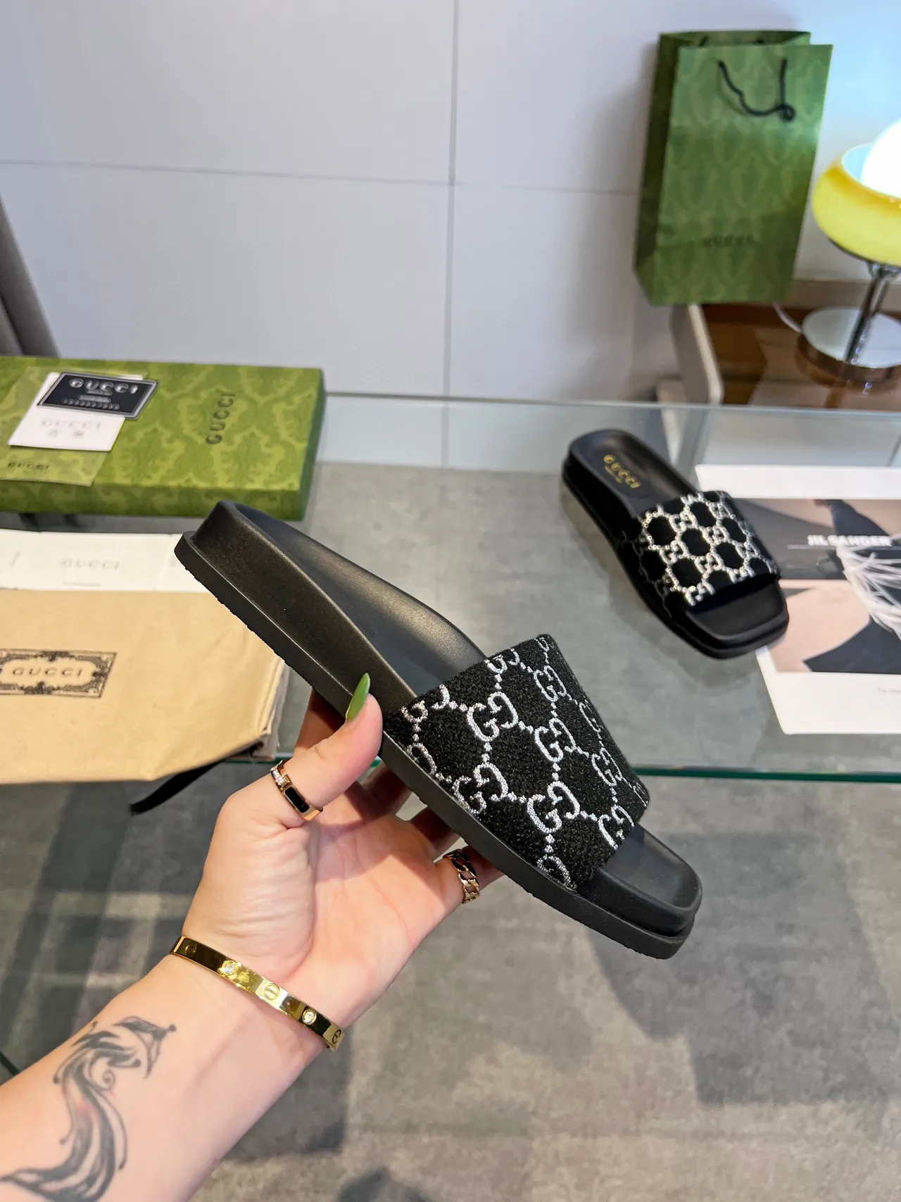 Gucci GG Monogram Slide Black White Flat Woven Strap Slippers 4