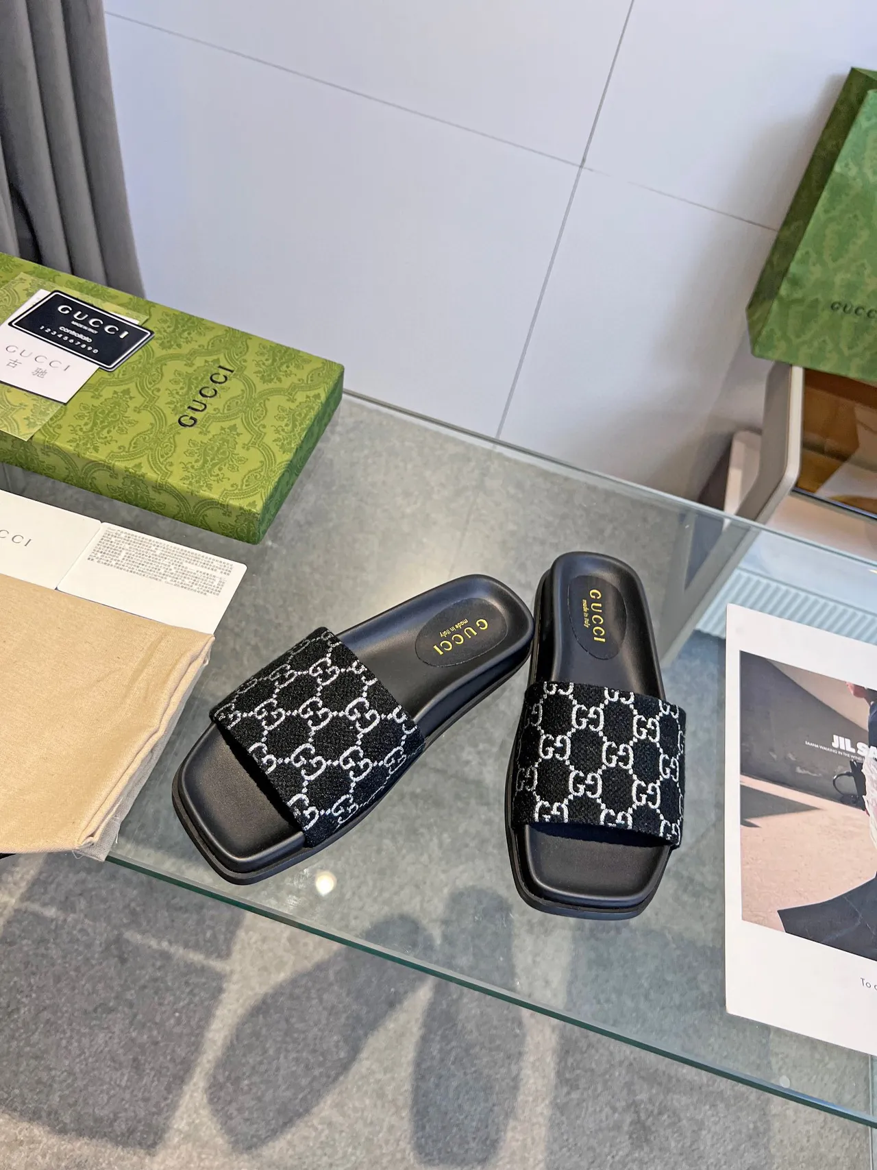 Gucci GG Monogram Slide Black White Flat Woven Strap Slippers 5