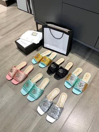 Gucci Gold Blue Sequin Upper Light Trim Slippers 2