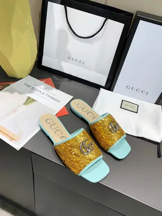 Gucci Gold Blue Sequin Upper Light Trim Slippers 4