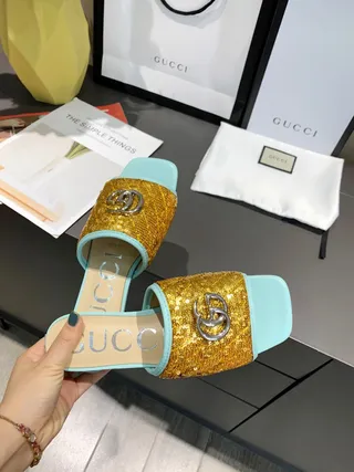Gucci Gold Blue Sequin Upper Light Trim Slippers 7