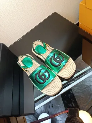 Gucci Verde Interlocking GG Logo Sola de Juta Sandálias Casual 4