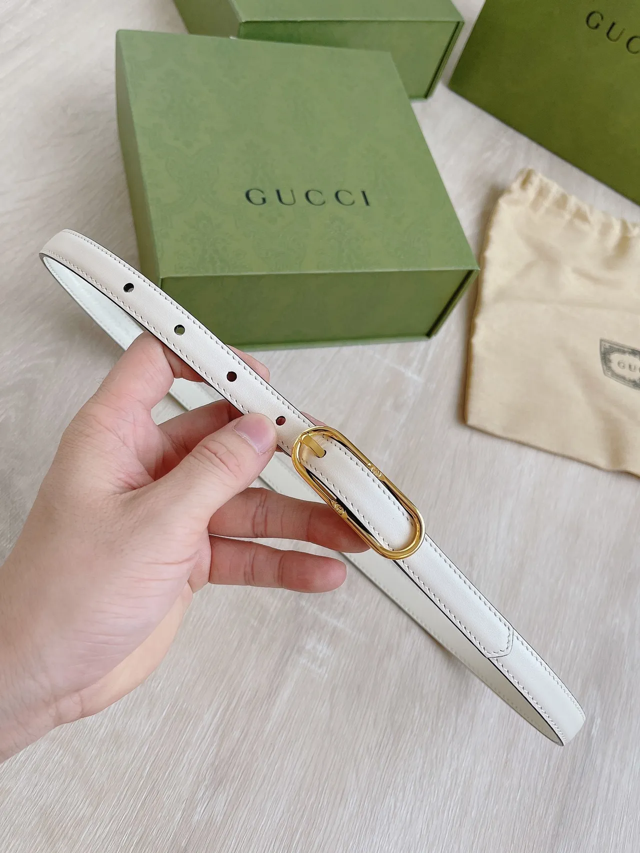 Gucci Horsebit 1955 ভূরা সোনা স্লিম প্রোফাইল আইভরি চামড়া বেল্ট 7