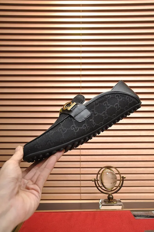 Gucci Horsebit 1955 Black Gold GG Monogram Canvas Logo Strap Loafer 7