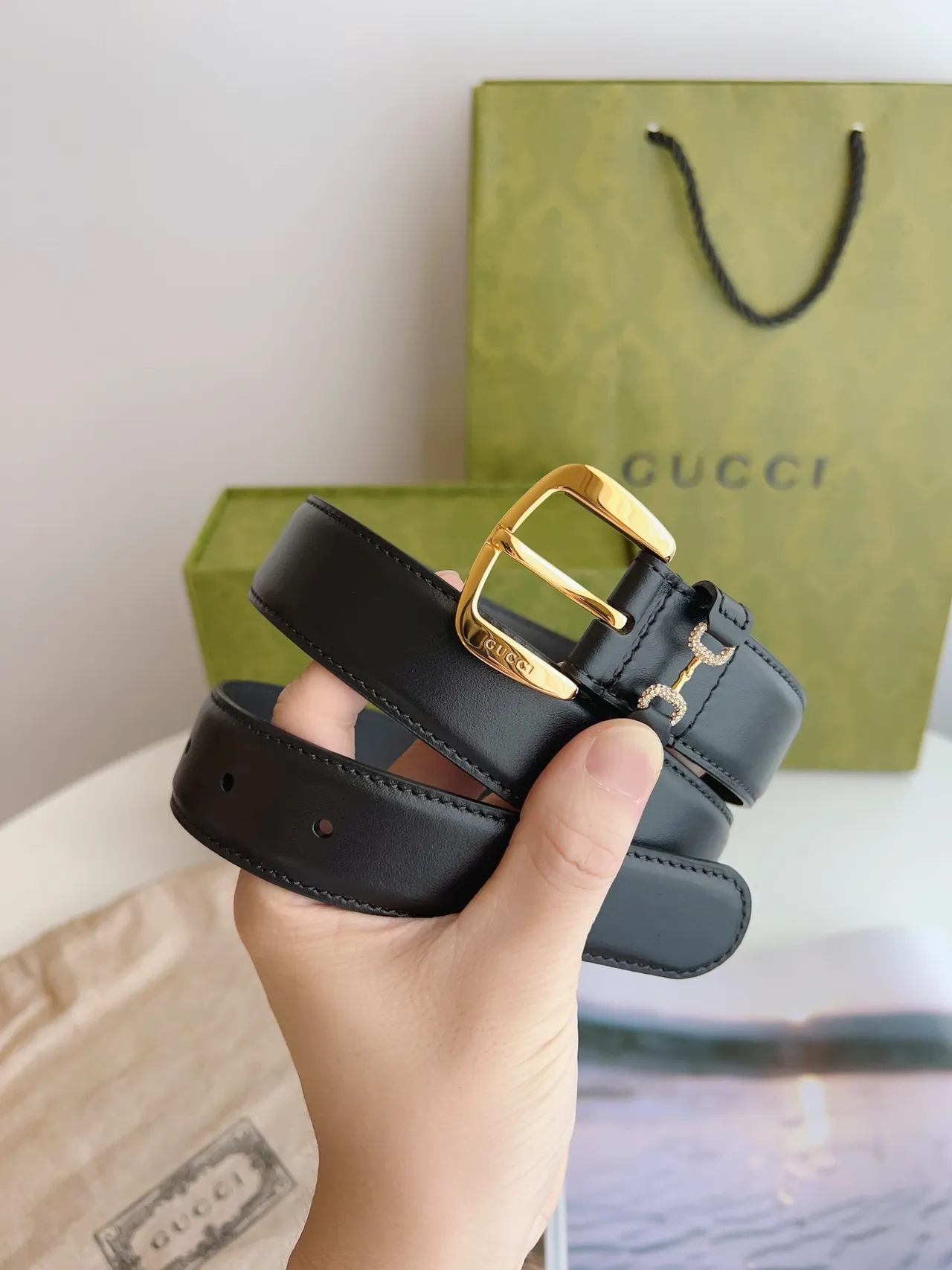 Gucci Horsebit 1955 黑色金色 平滑矩形扣头 皮革腰带 2