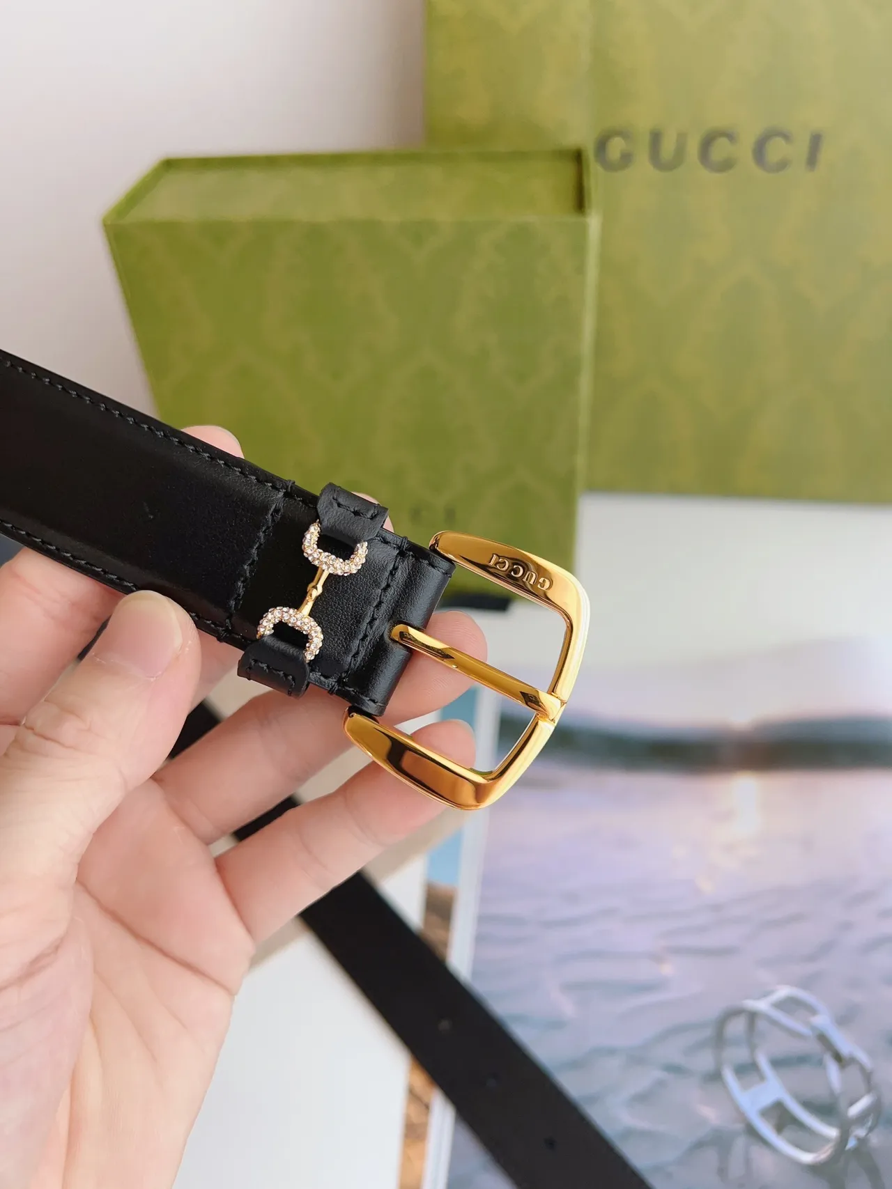 Gucci Horsebit 1955 黑色金色 平滑矩形扣头 皮革腰带 4