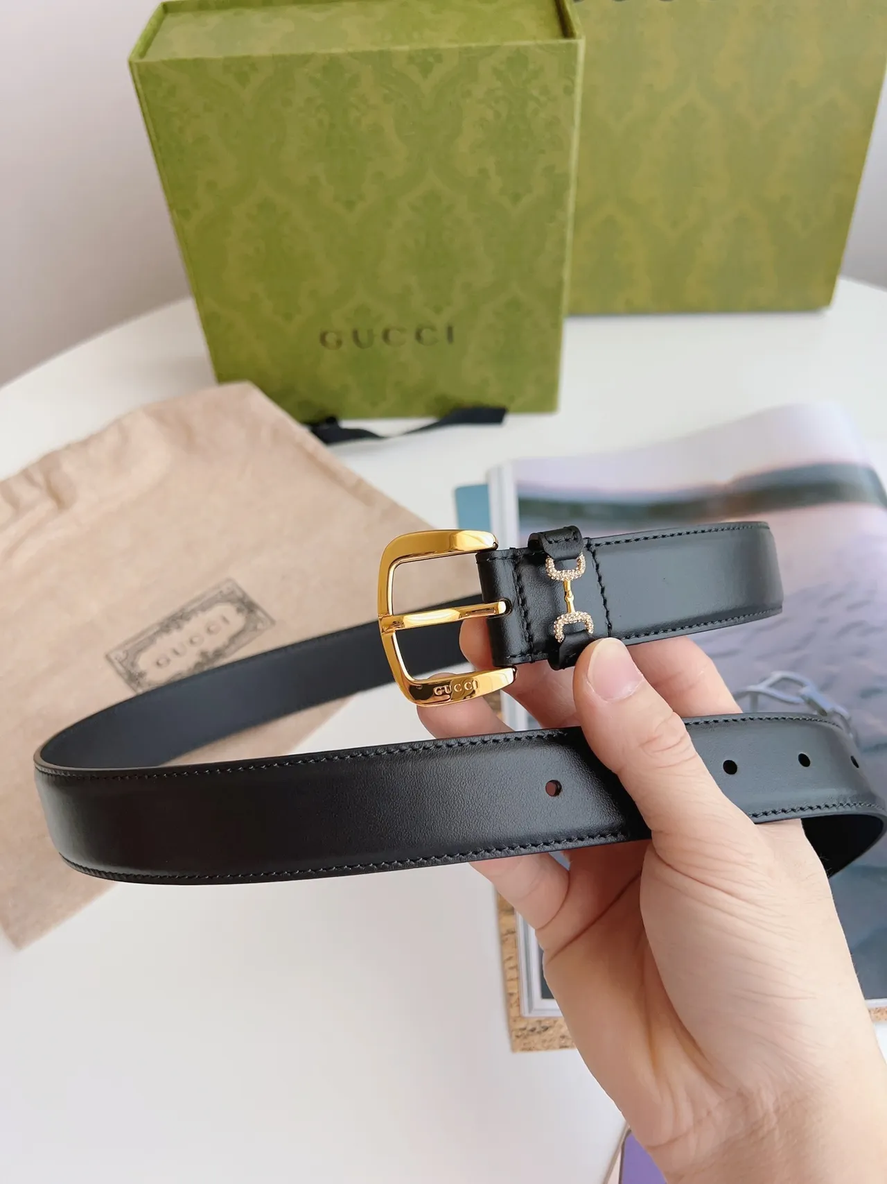 Gucci Horsebit 1955 黑色金色 平滑矩形扣头 皮革腰带 5