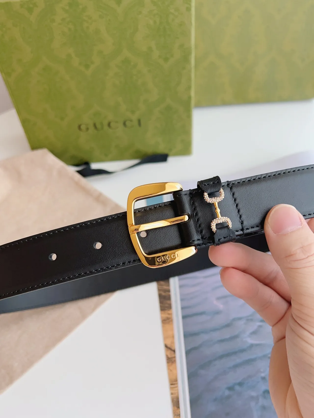 Gucci Horsebit 1955 黑色金色 平滑矩形扣头 皮革腰带 7