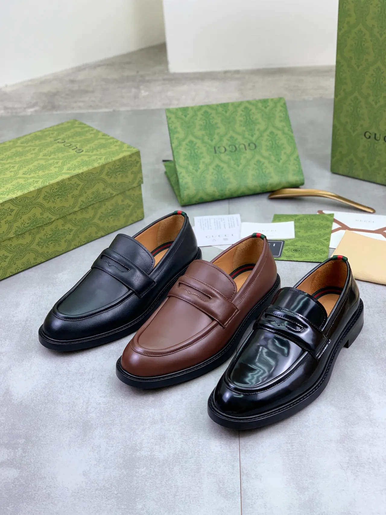 Gucci Horsebit 1955 Cuir Noir et Vert Bride Penny Mocassin 2