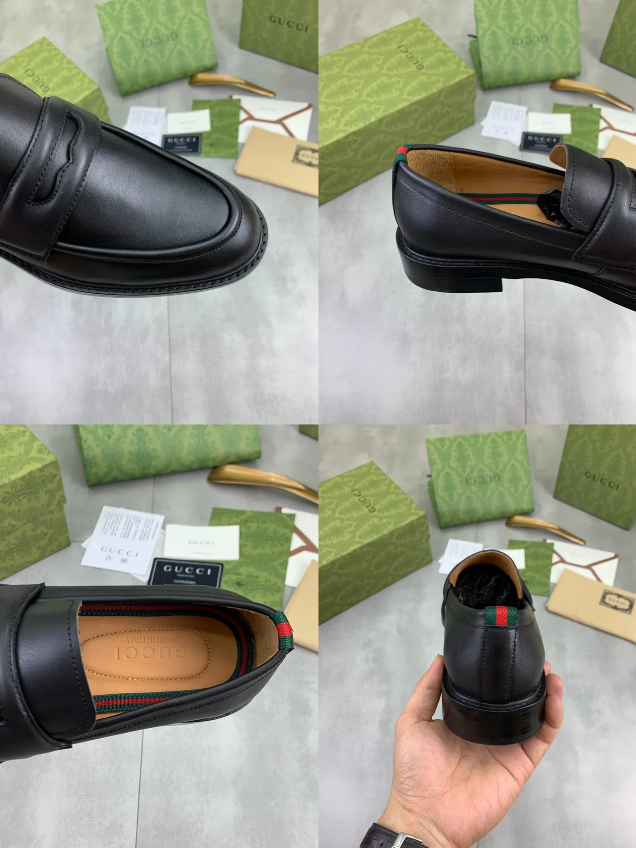 Gucci Horsebit 1955 Cuir Noir et Vert Bride Penny Mocassin 3