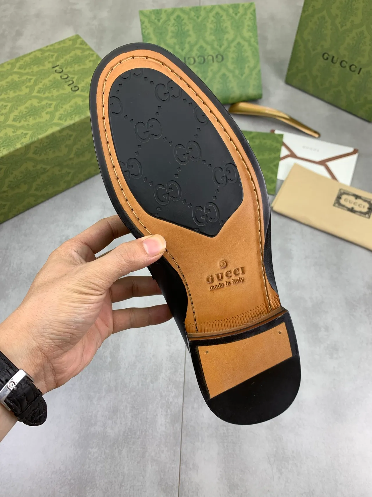 Gucci Horsebit 1955 Cuir Noir et Vert Bride Penny Mocassin 4
