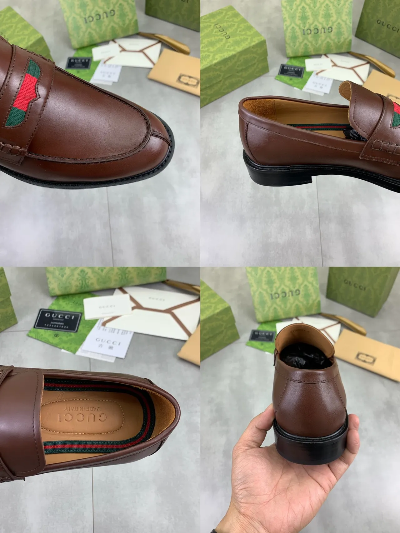 Gucci Horsebit 1955 Brown Black Polished Leather Web Stripe Strap Loafer 3