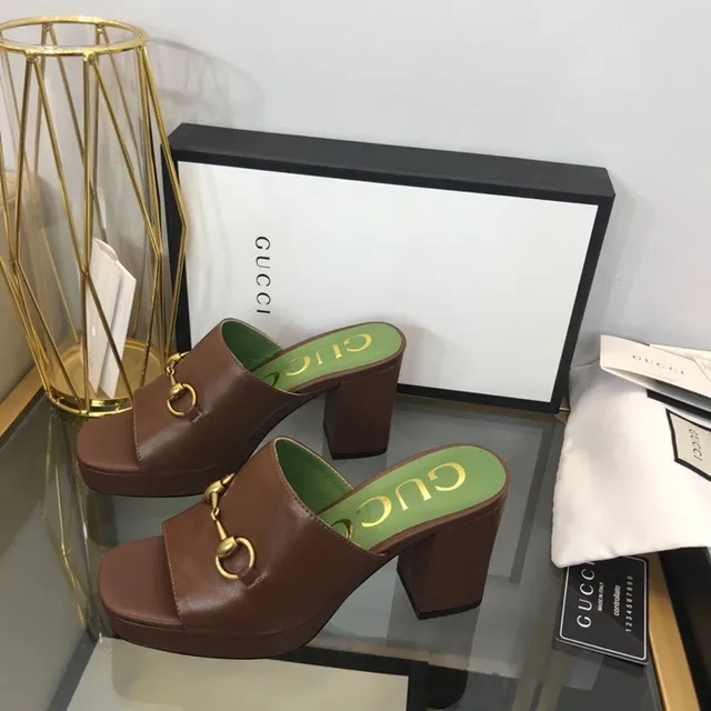 Gucci Horsebit 1955 棕色 绿色 扣 方跟 休闲 凉鞋 3