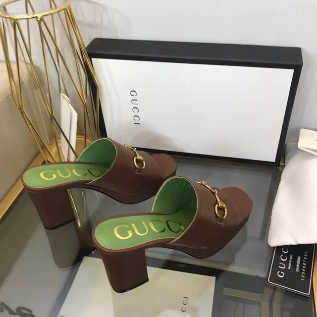 Gucci Horsebit 1955 棕色 绿色 扣 方跟 休闲 凉鞋 4