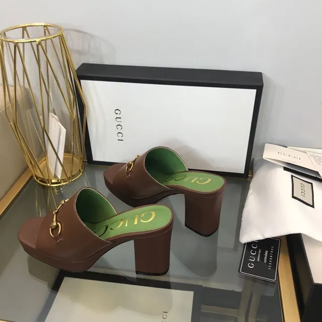 Gucci Horsebit 1955 棕色 绿色 扣 方跟 休闲 凉鞋 6